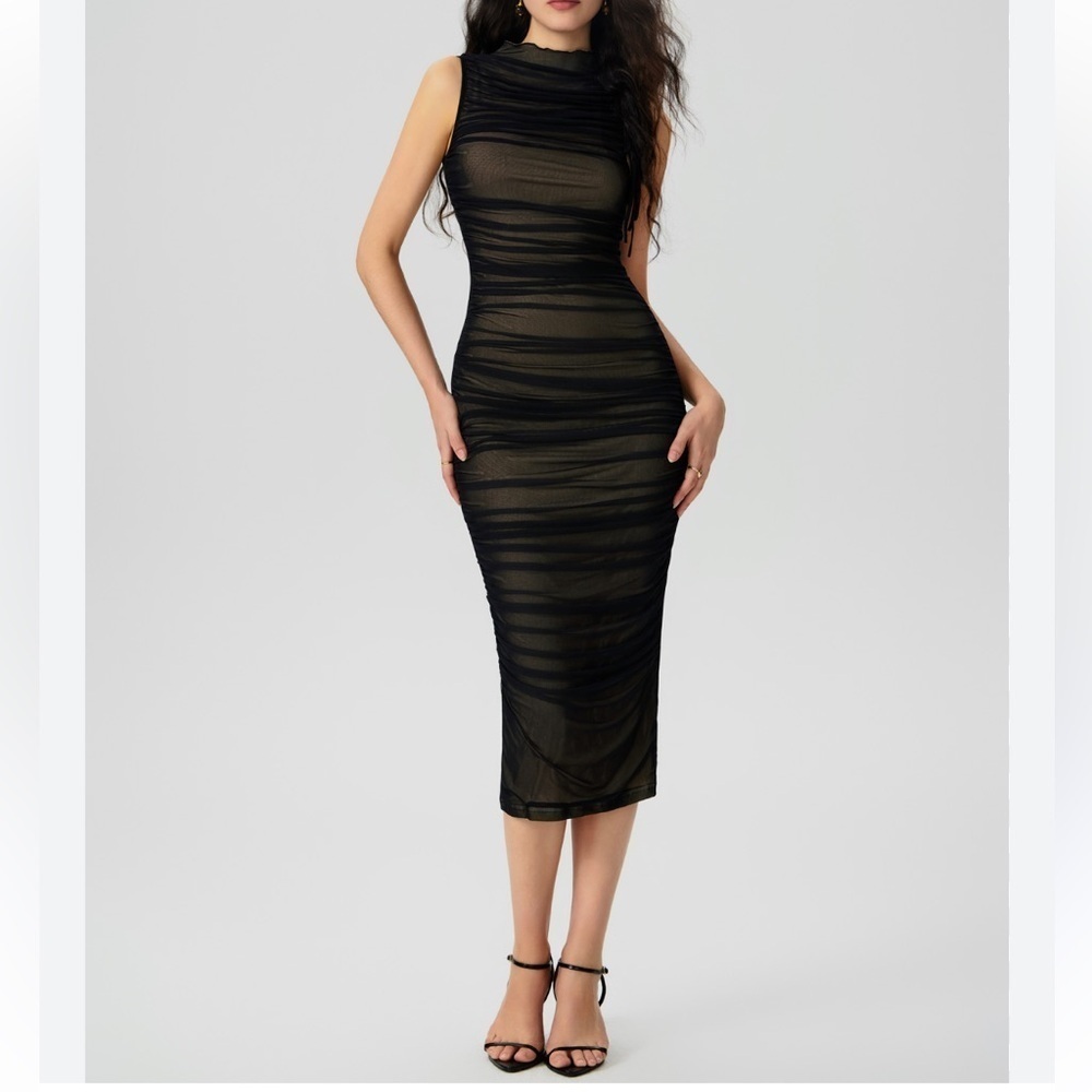 CIDER mesh ruched high neck midi dress sleeveless lined black tie detail sz 1XL